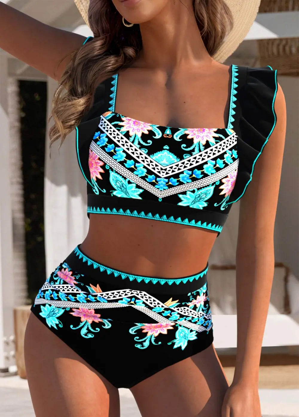 Circular Ring Mid Waisted Tribal Print Black Bikini Set