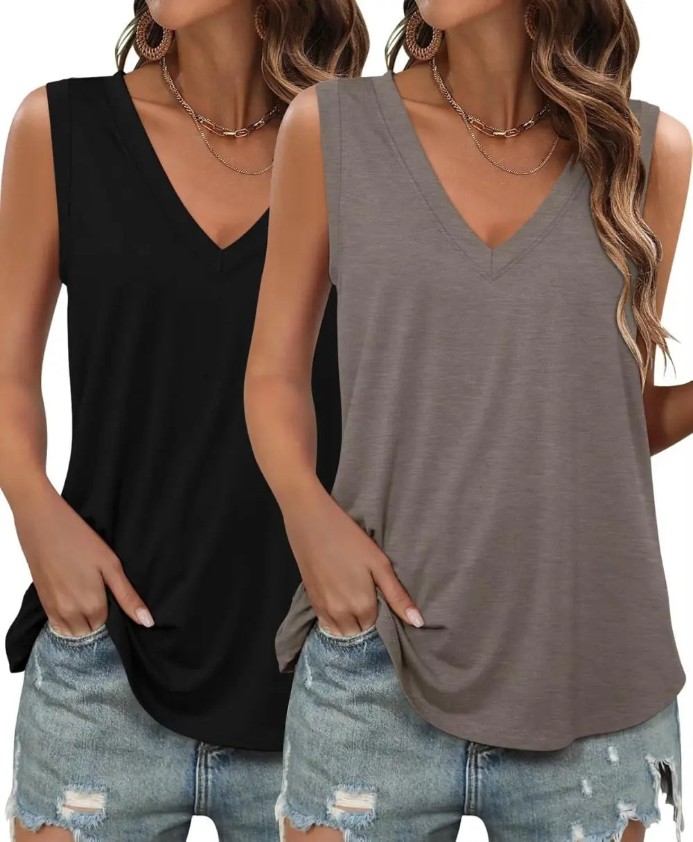 KKJ 2 Pack Womens Tank Tops Summer V Neck Sleeveless Loose Casual Blouses Beach Vacation Outfits Shirt Spring Trendy Clothes
