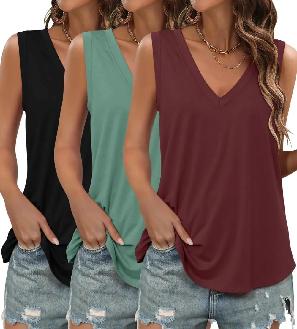 KKJ 3 Pack Womens Tank Tops Summer Beach Vacation Outfits V Neck Loose Sleeveless Blouses Casual Shirt Spring Fashion Clothes