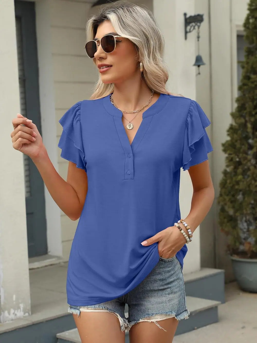 ANRABESS Womens Tops Dressy Casual Ruffle Short Sleeve V Neck Blouses Summer Button Down Business Work Elegant Shirts