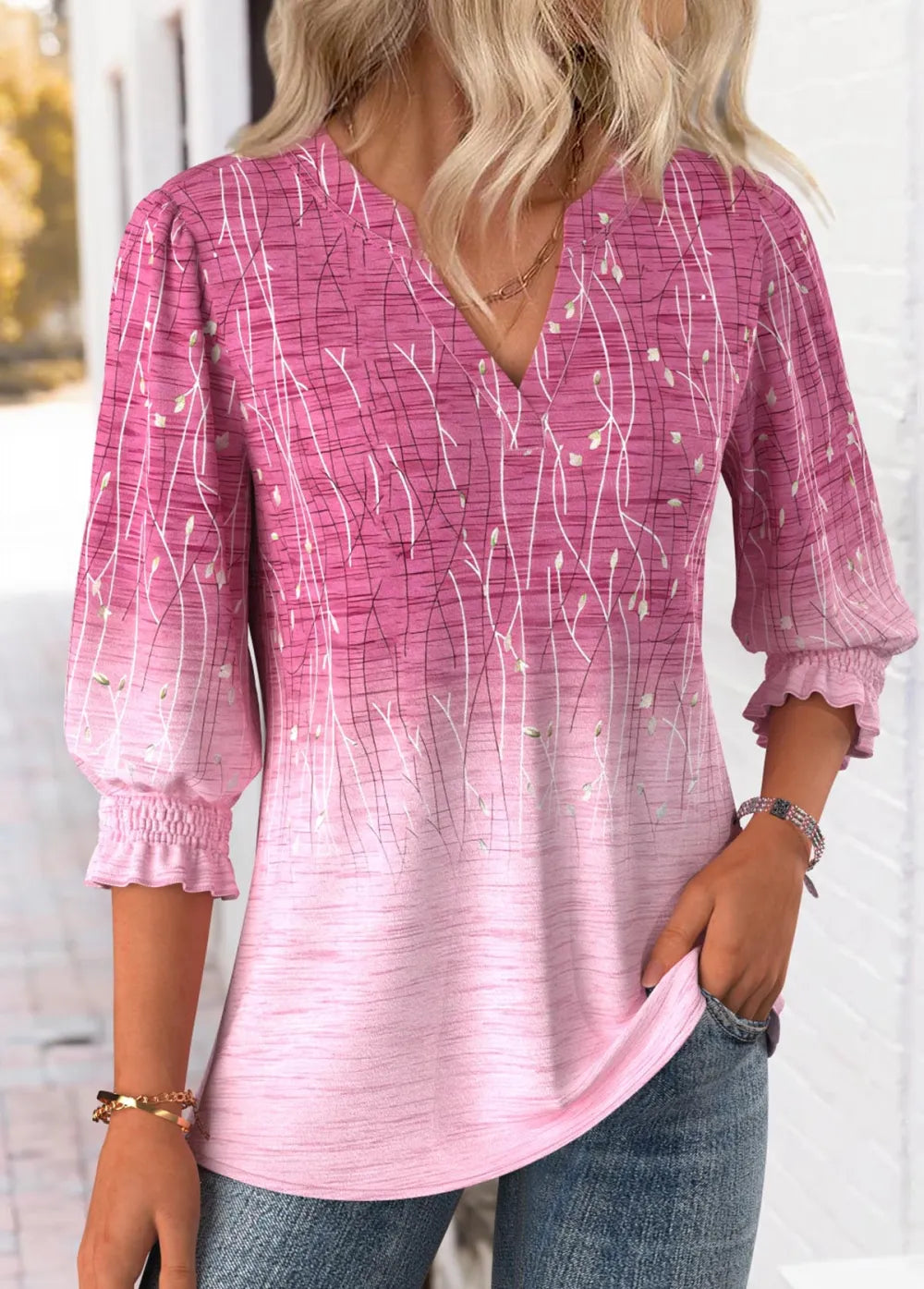 Pink Ombre 3/4 Sleeve Round Neck Blouse