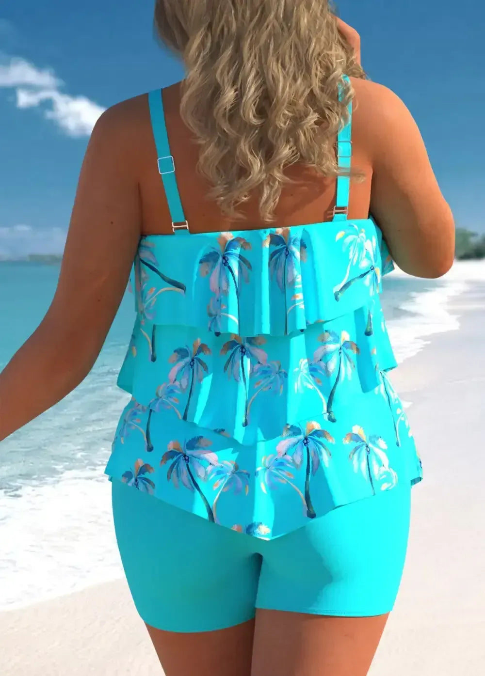 COCONUT TREE PRINT CYAN LAYERED HEM TANKINI SET