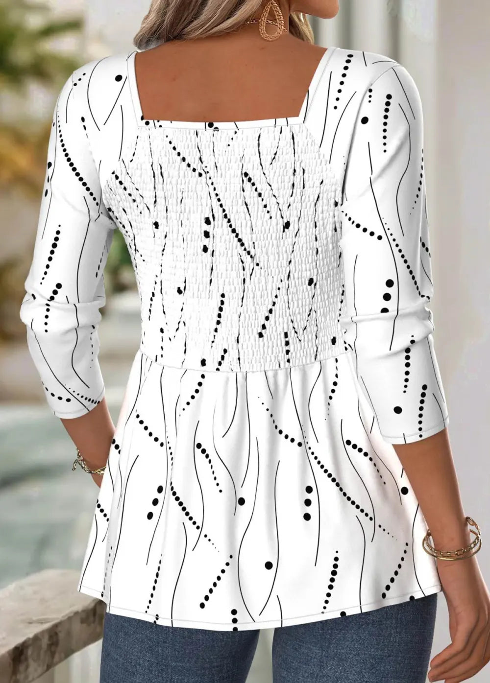 White Geometric Print Long Sleeve Square Neck Blouse