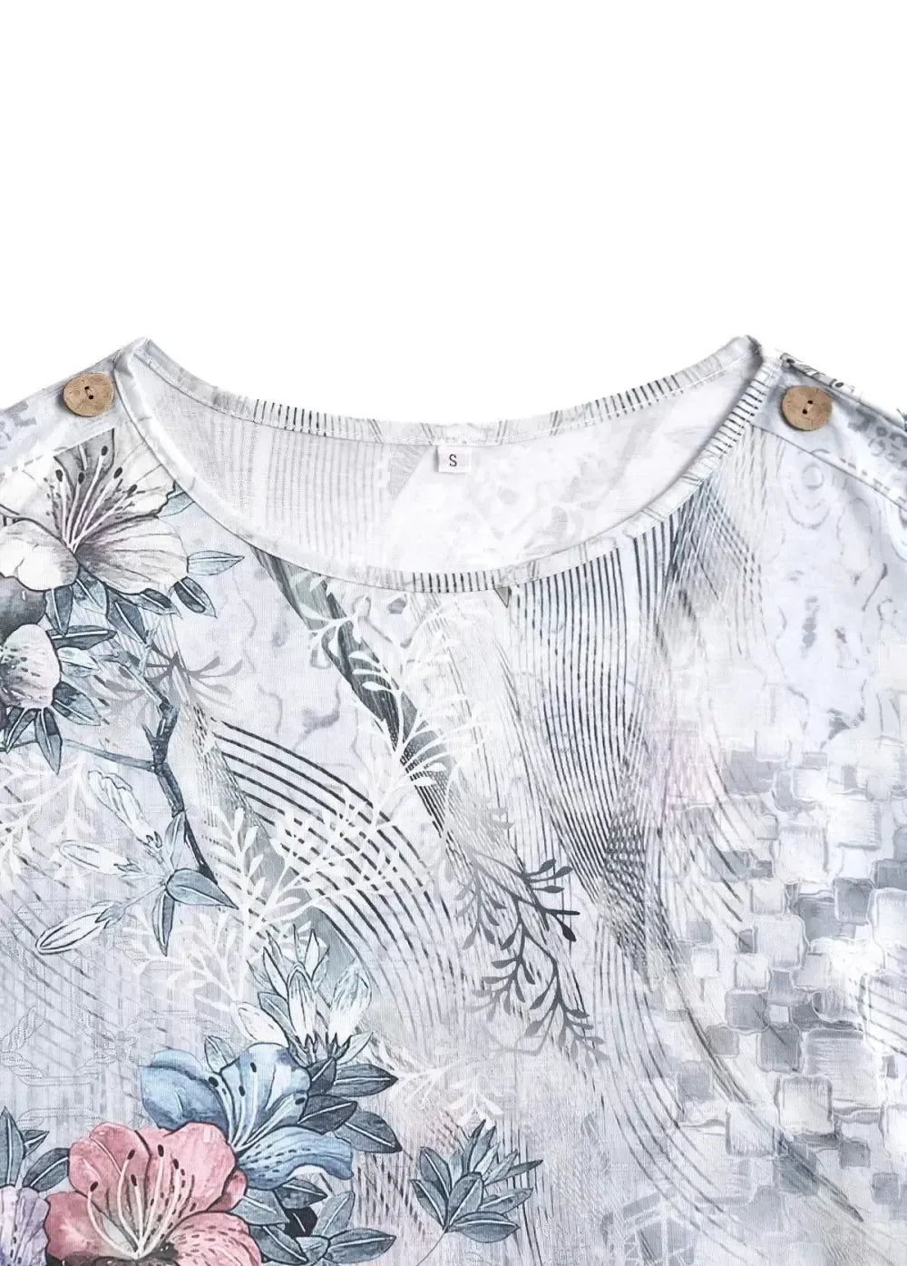 Grey Button Random Floral Print Short Sleeve T Shirt
