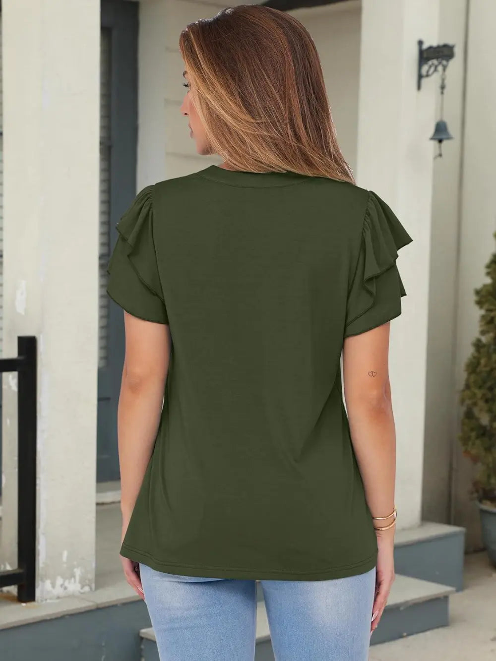 ANRABESS Womens Tops Dressy Casual Ruffle Short Sleeve V Neck Blouses Summer Button Down Business Work Elegant Shirts