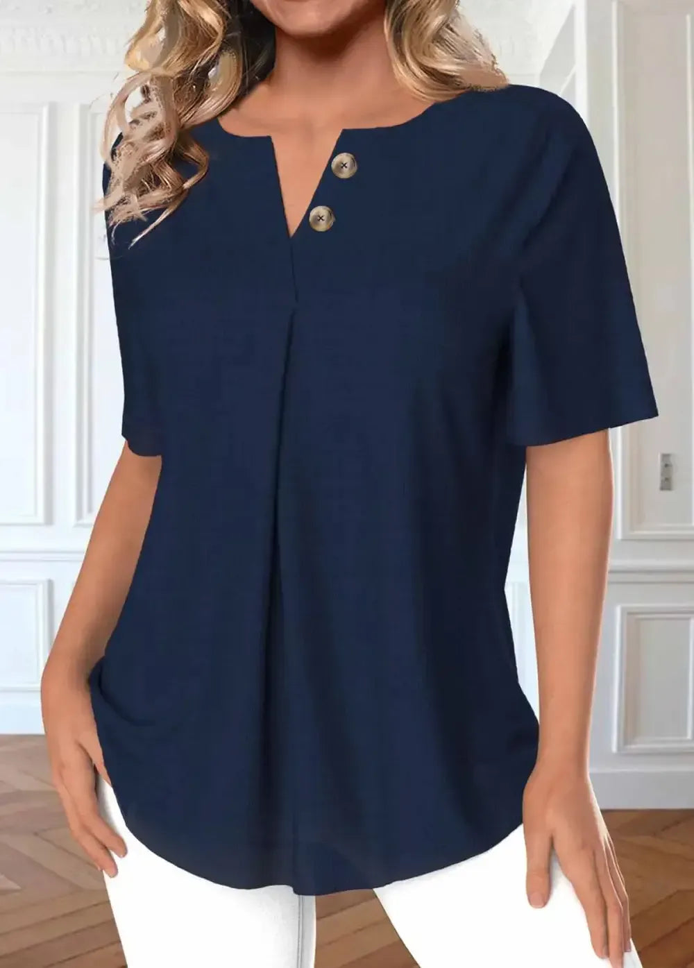 Navy Button Short Sleeve Split Neck Blouse