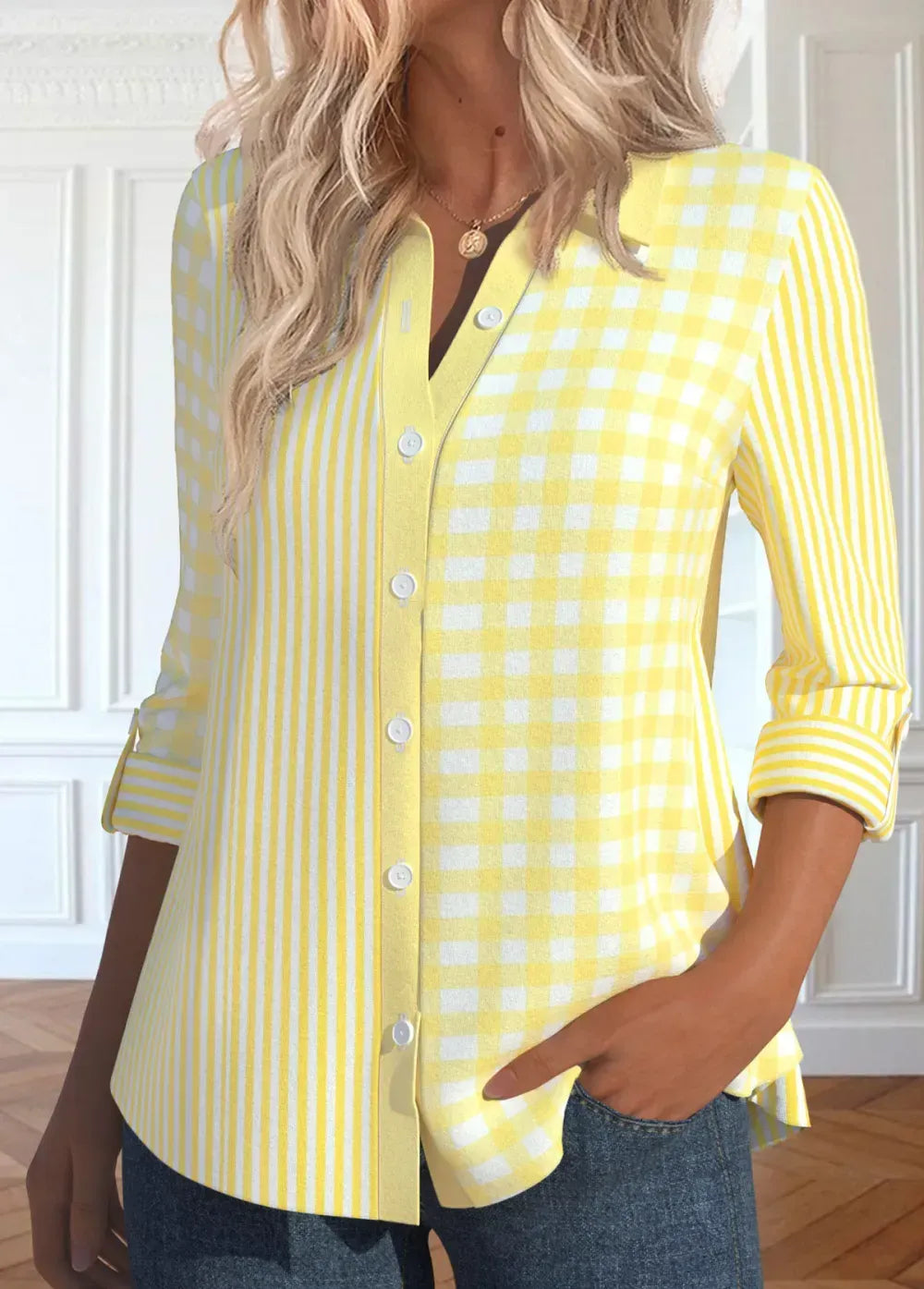 Light Yellow Patchwork Striped Long Sleeve Shirt