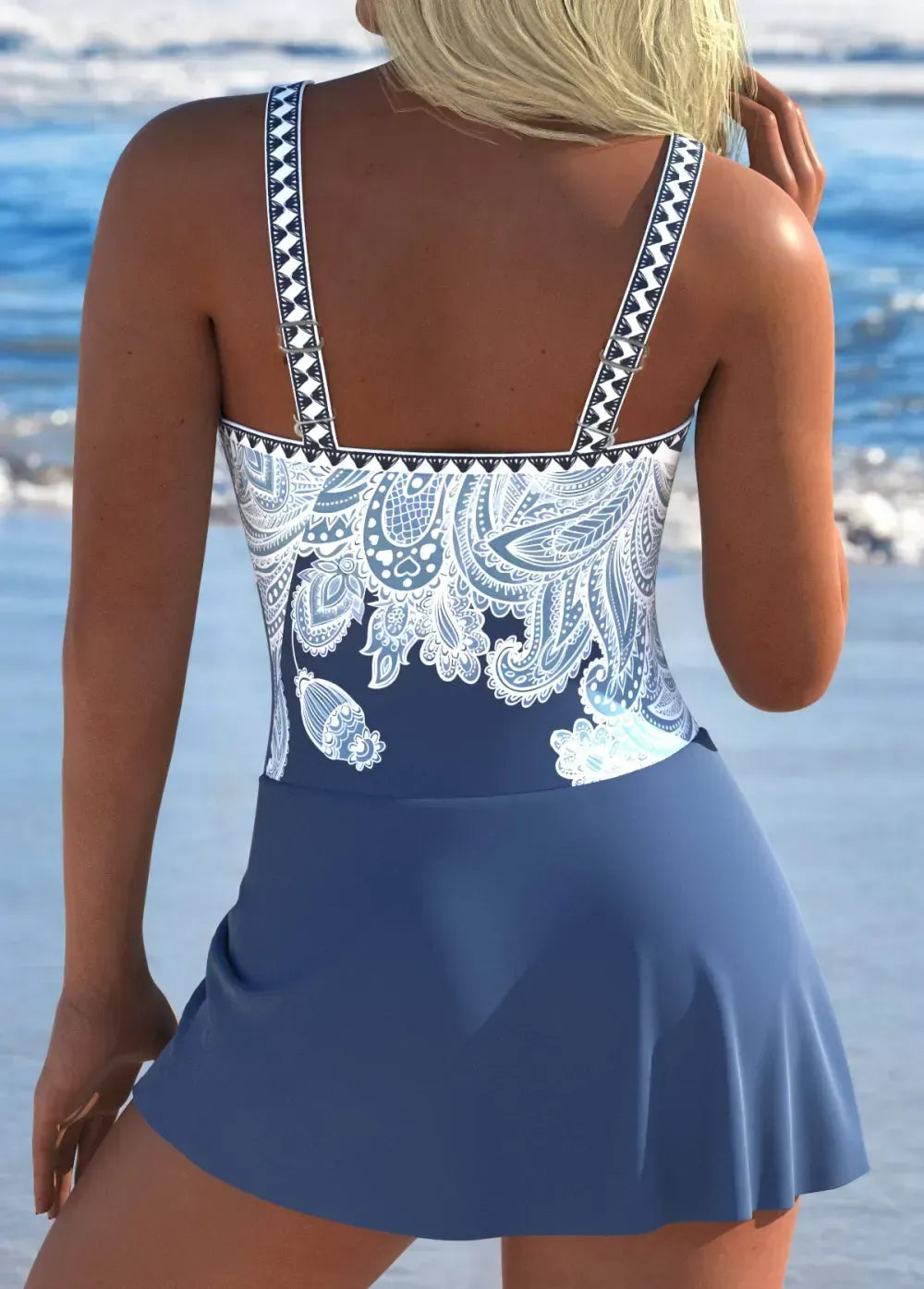 Bowknot Paisley Print Dusty Blue One Piece Swimdress
