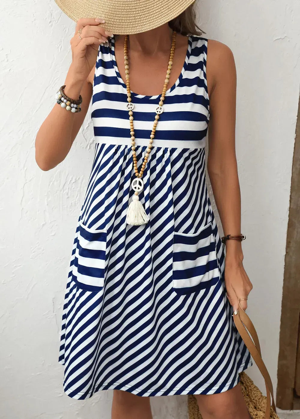 Navy Pocket Striped A Line Sleeveless Scoop Neck Dress