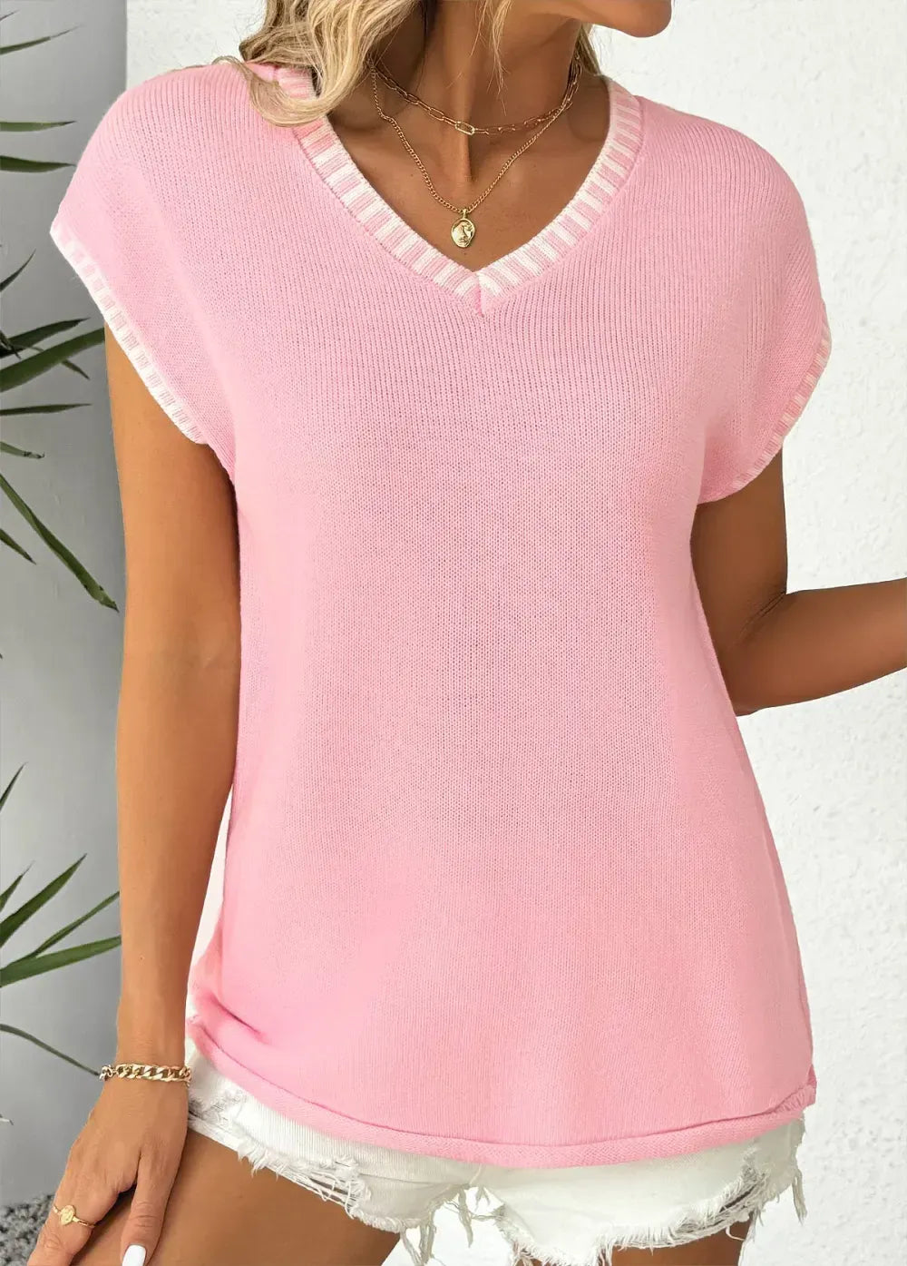 Pink Short Sleeve V Neck T Shirt