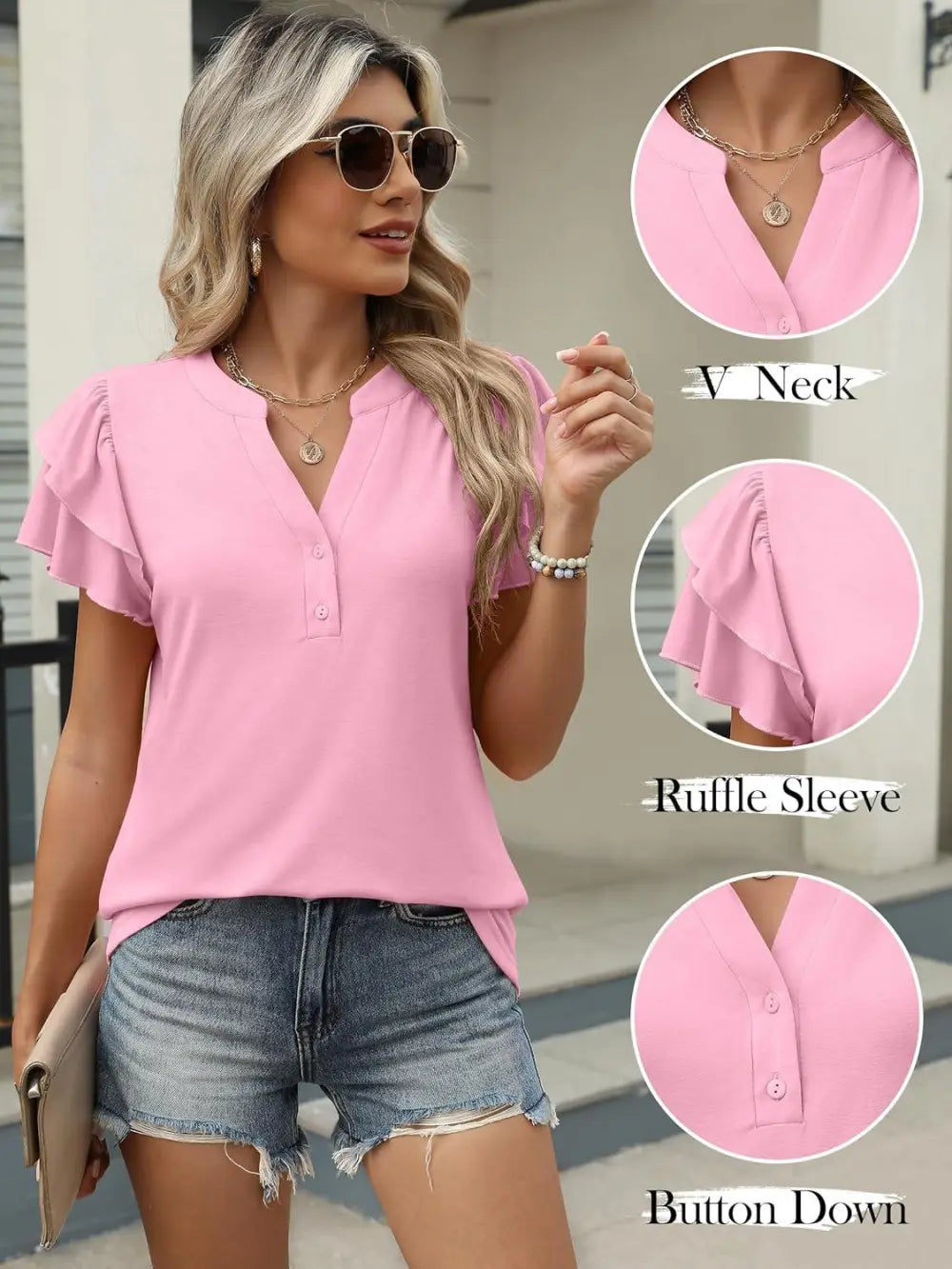 ANRABESS Womens Tops Dressy Casual Ruffle Short Sleeve V Neck Blouses Summer Button Down Business Work Elegant Shirts