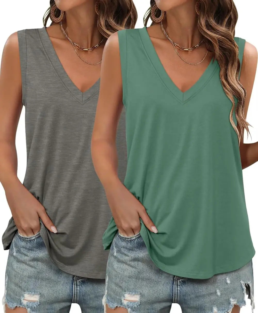 KKJ 2 Pack Womens Tank Tops Summer V Neck Sleeveless Loose Casual Blouses Beach Vacation Outfits Shirt Spring Trendy Clothes