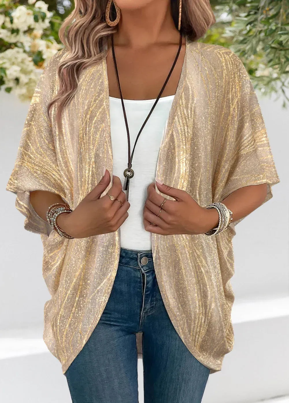Geometric Print Half Sleeve Light Cardigan