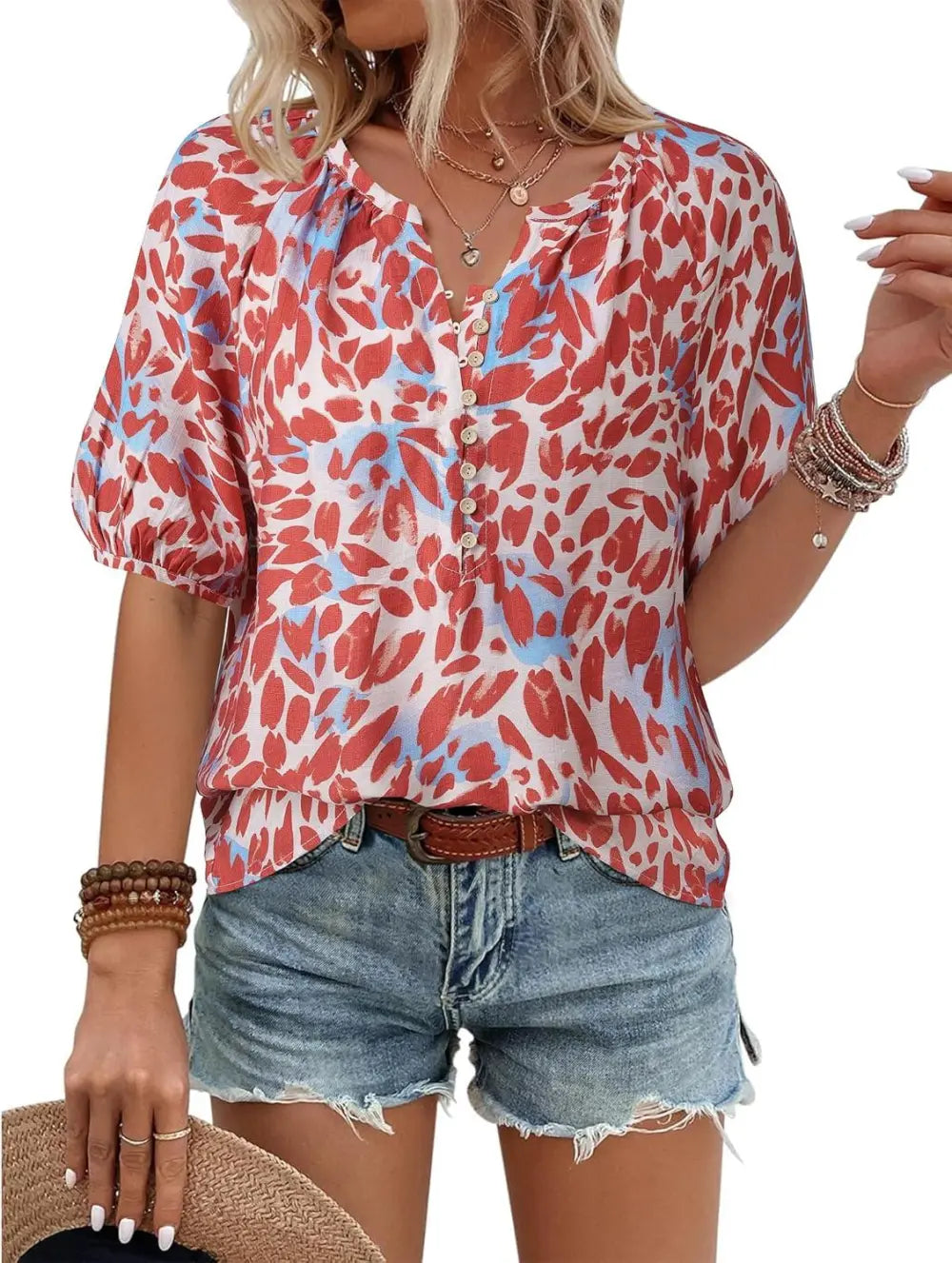 Unixseque Womens Summer Tops V Neck Short Sleeve Blouses Casual Button Down Shirts Floral Boho Clothing Trendy 2025