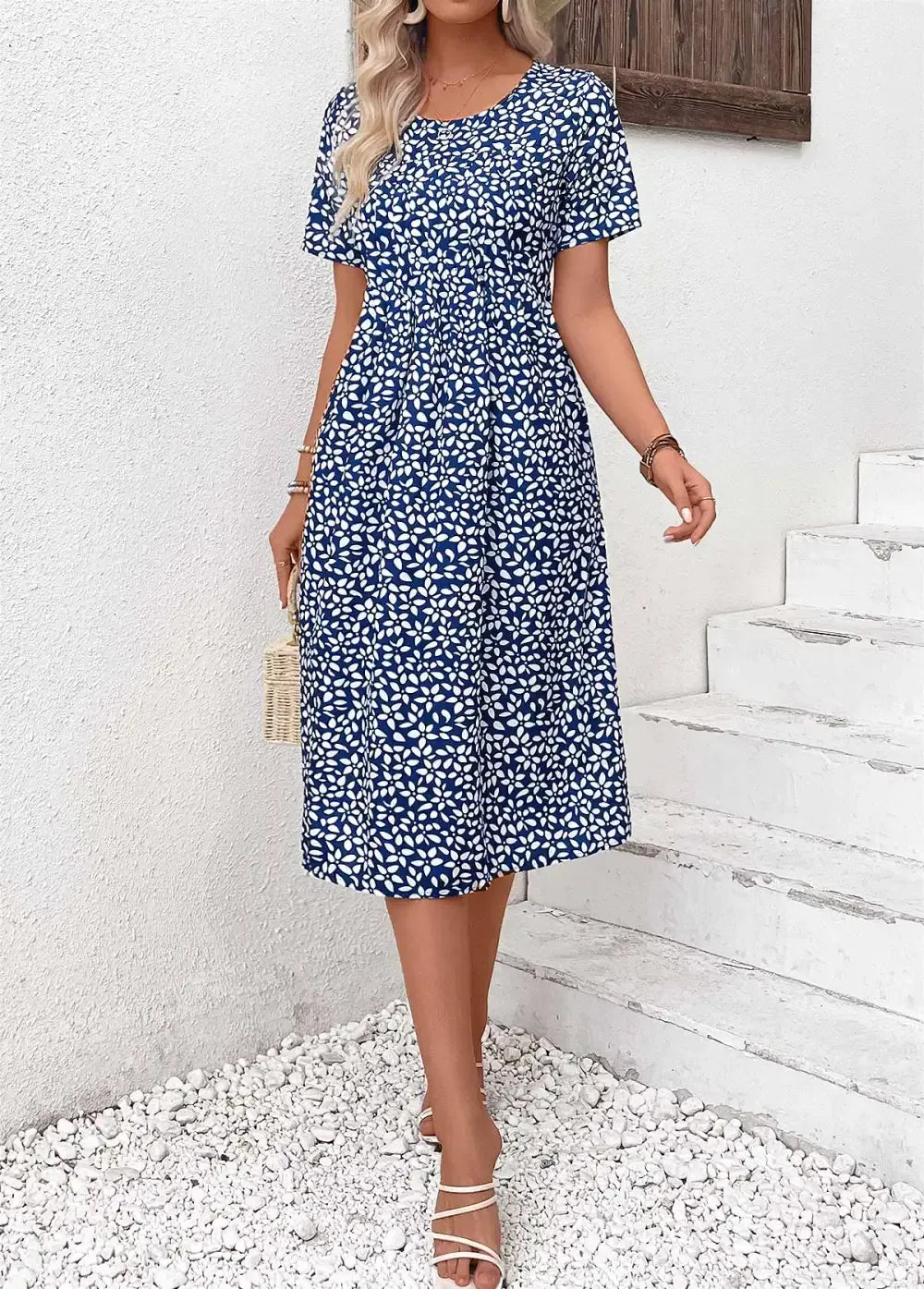 Navy Pocket Ditsy Floral Print Short Sleeve Dress