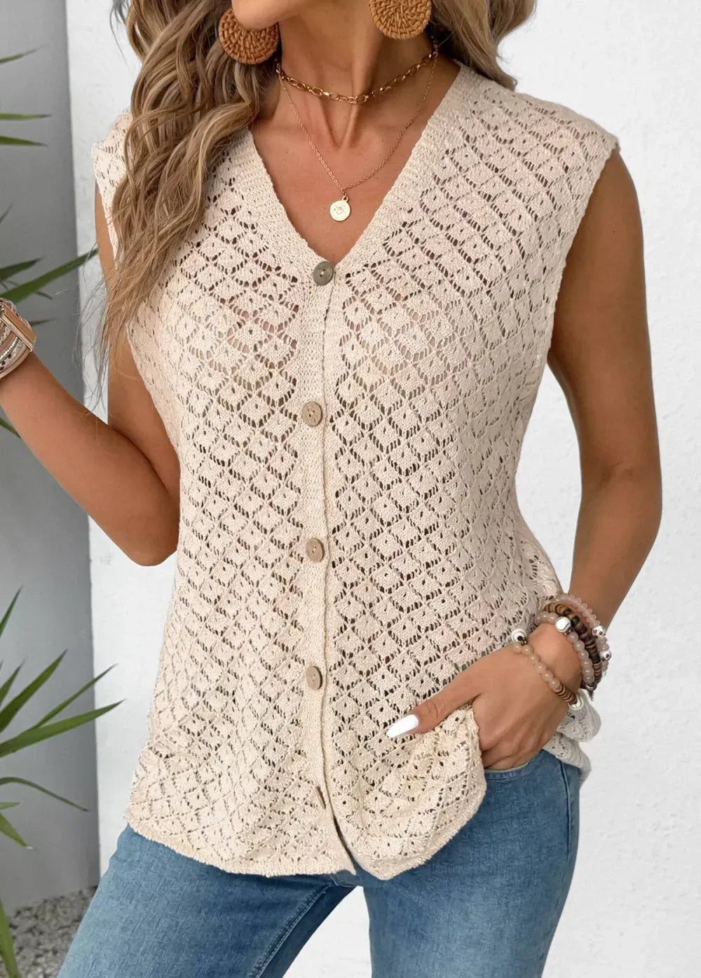Beige Sleeveless V Neck Tank Top