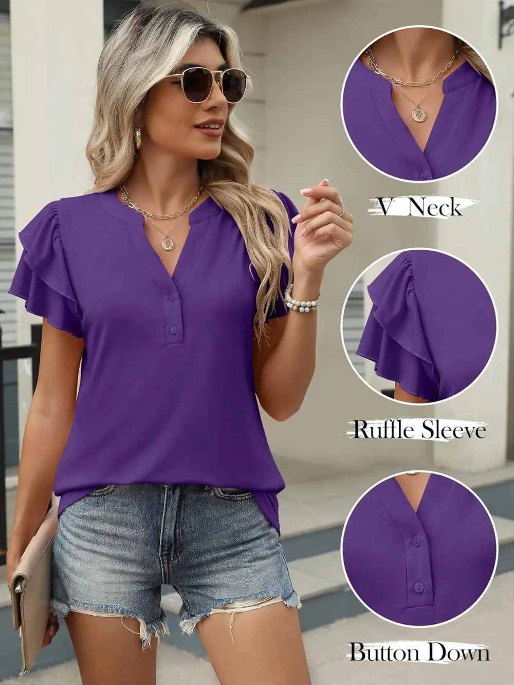 ANRABESS Womens Tops Dressy Casual Ruffle Short Sleeve V Neck Blouses Summer Button Down Business Work Elegant Shirts
