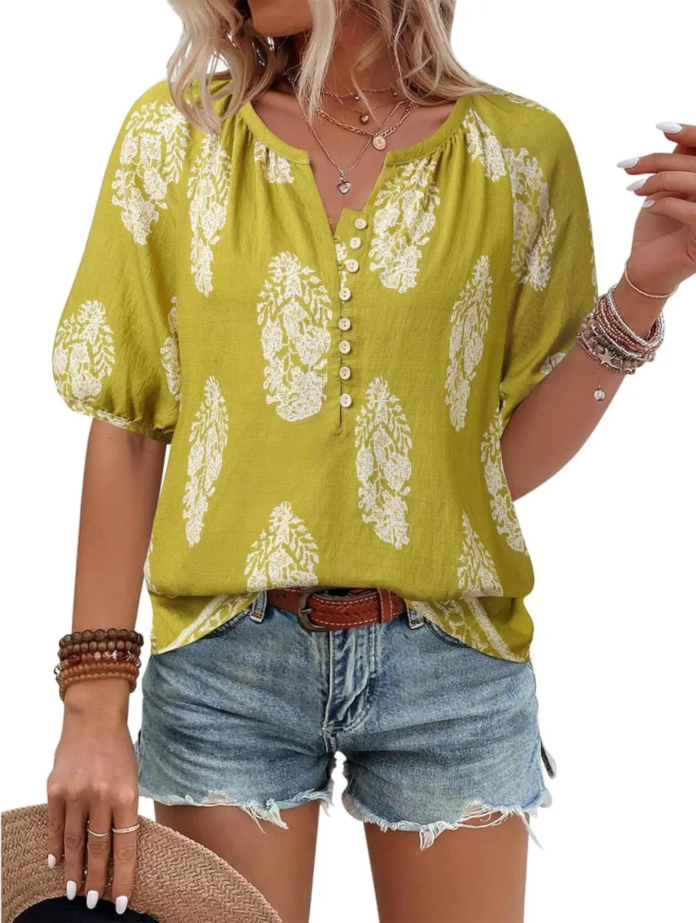 Unixseque Womens Summer Tops V Neck Short Sleeve Blouses Casual Button Down Shirts Floral Boho Clothing Trendy 2025