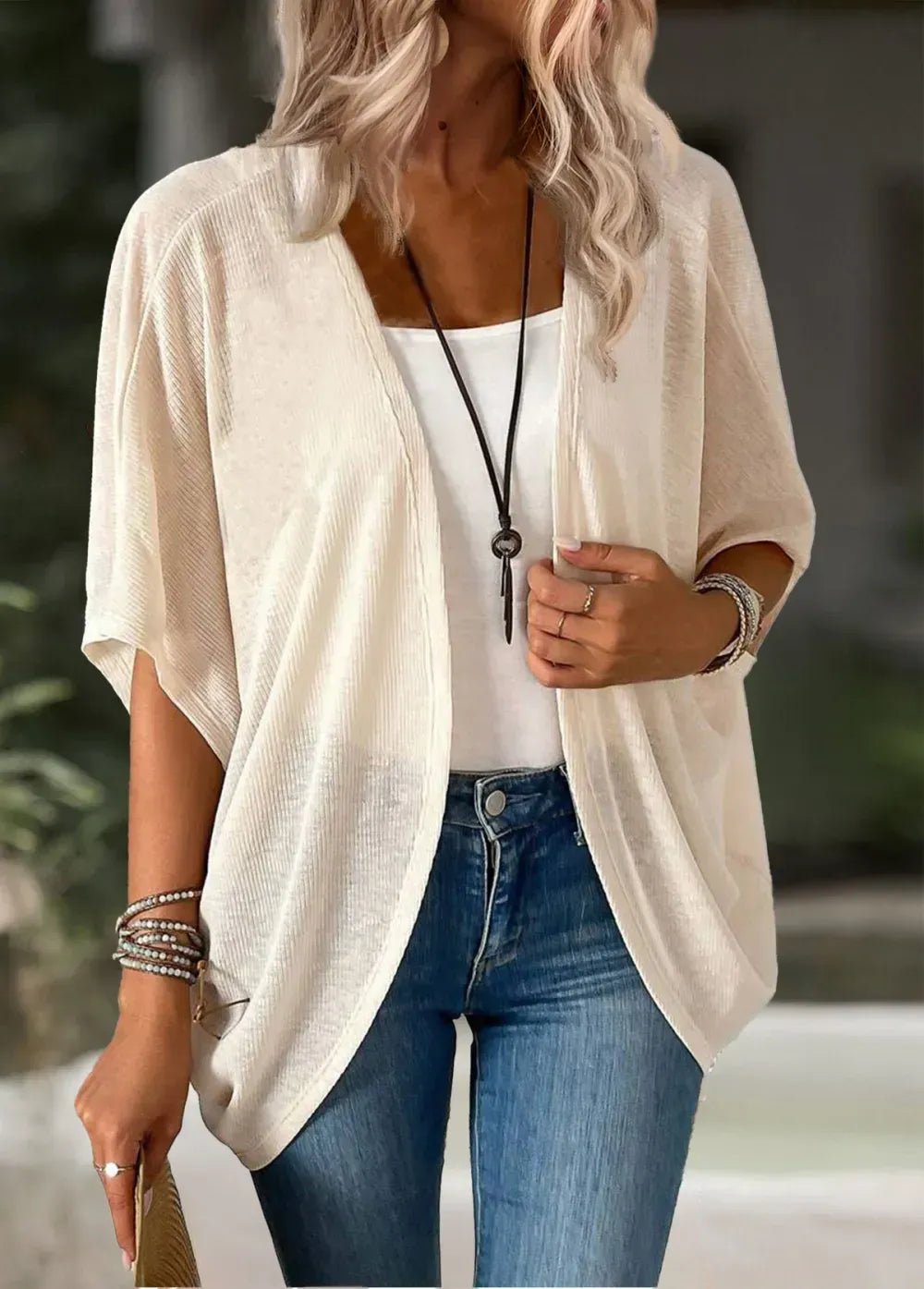 Beige Half Sleeve Tunic Light Cardigan