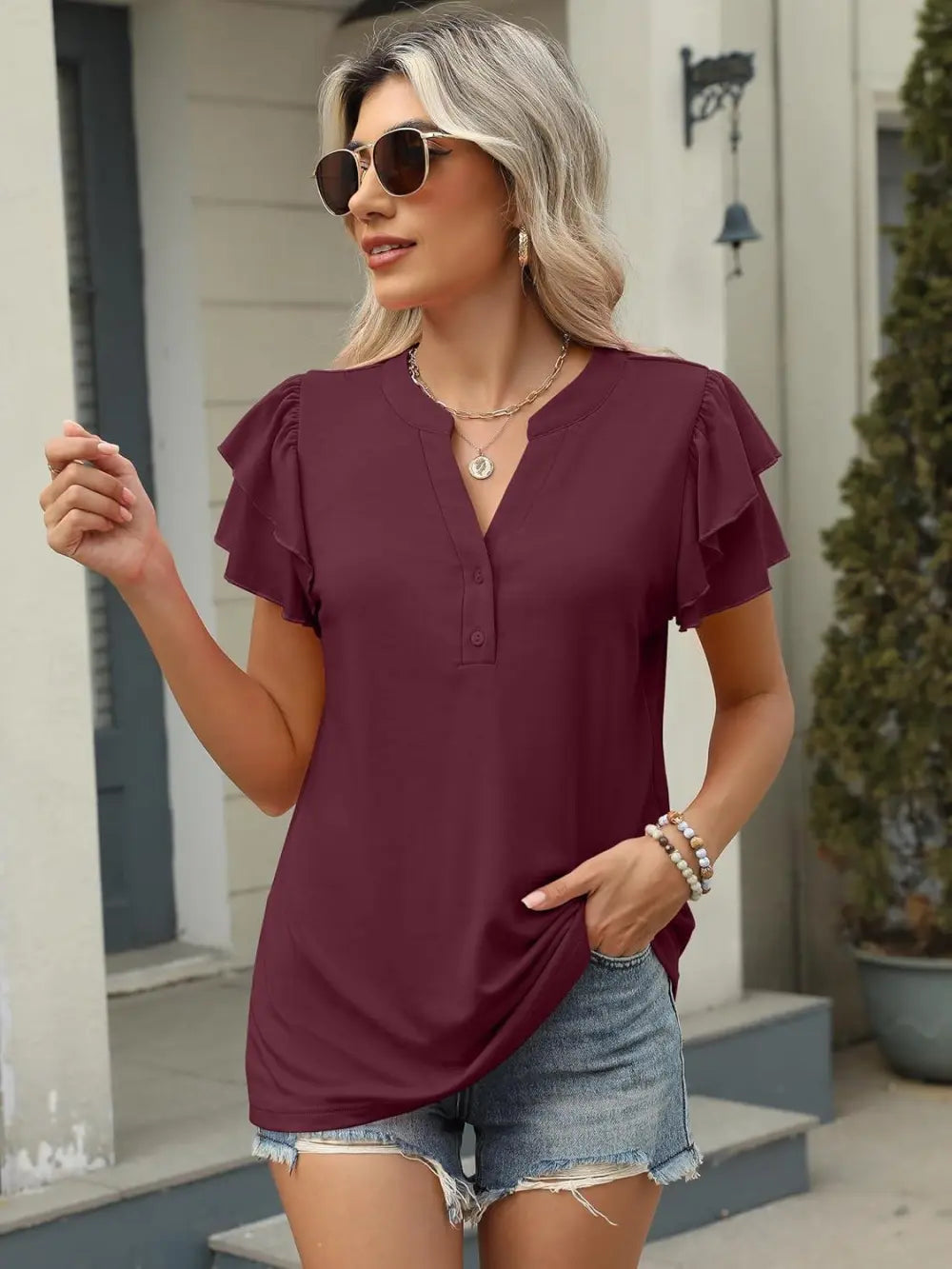 ANRABESS Womens Tops Dressy Casual Ruffle Short Sleeve V Neck Blouses Summer Button Down Business Work Elegant Shirts