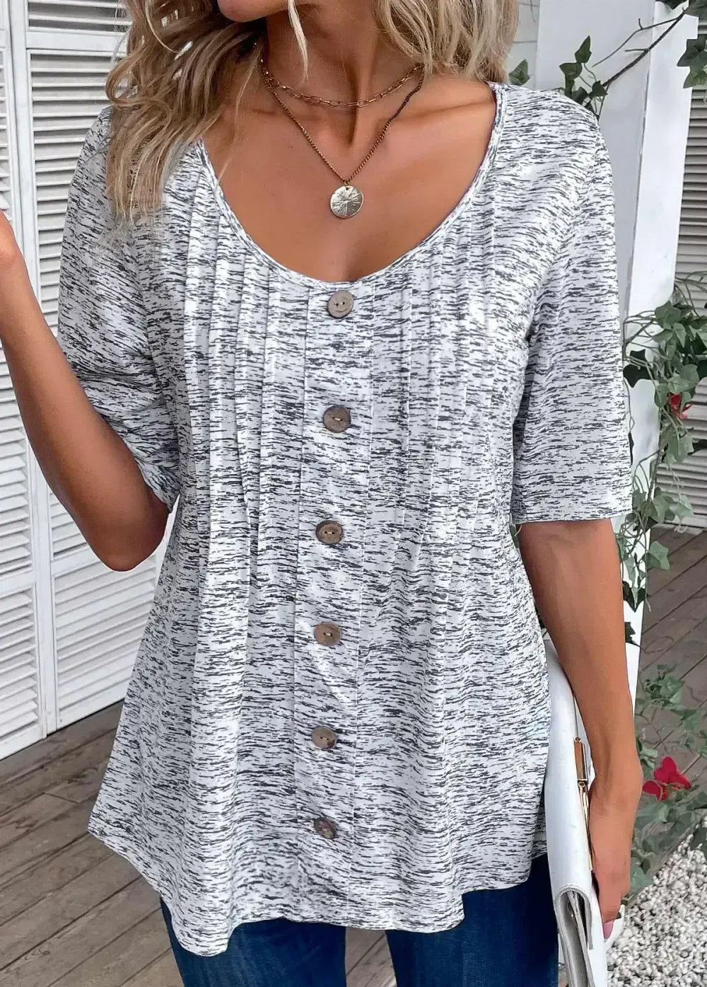 Light Grey Marl Button Half Sleeve T Shirt