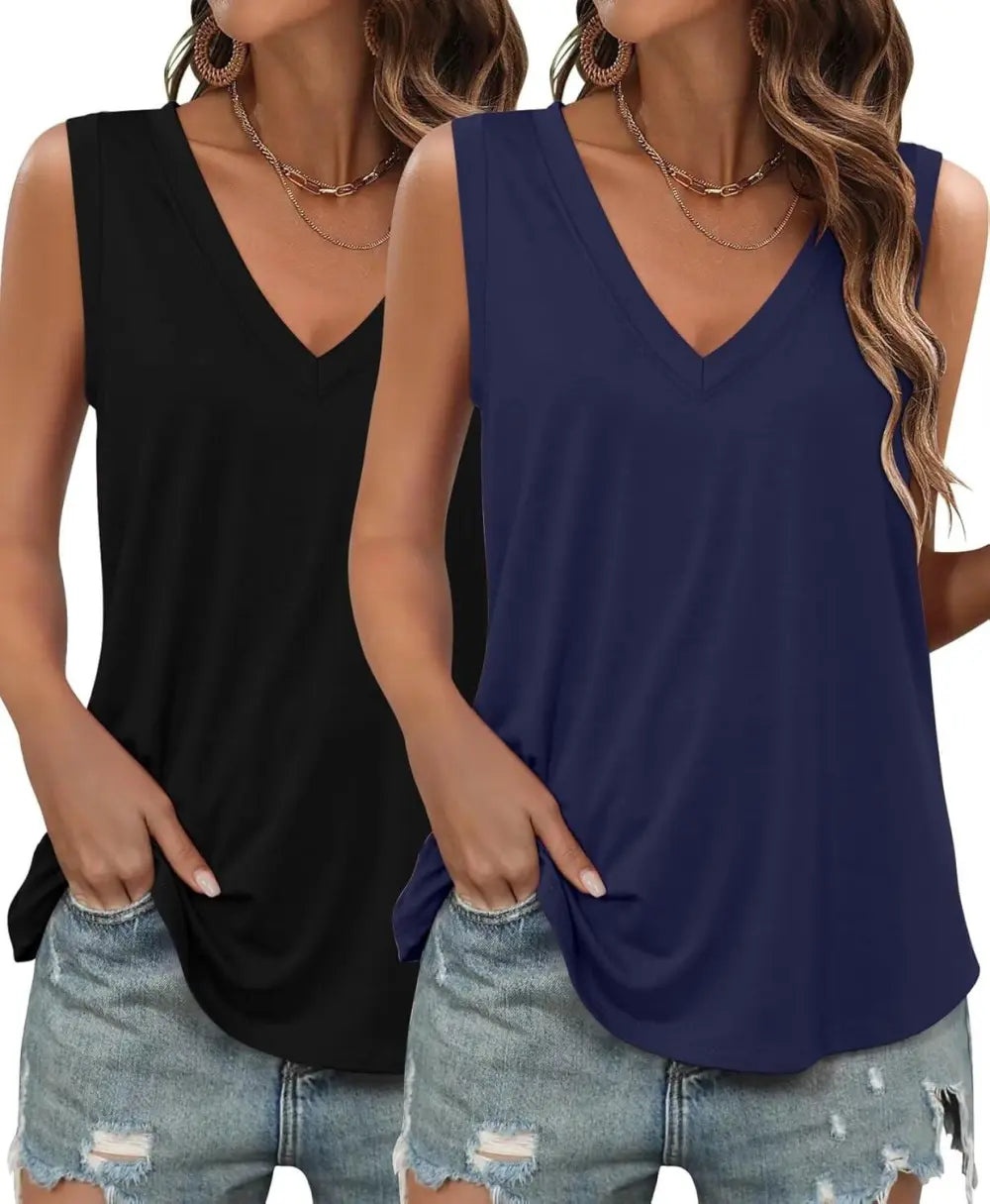 KKJ 2 Pack Womens Tank Tops Summer V Neck Sleeveless Loose Casual Blouses Beach Vacation Outfits Shirt Spring Trendy Clothes