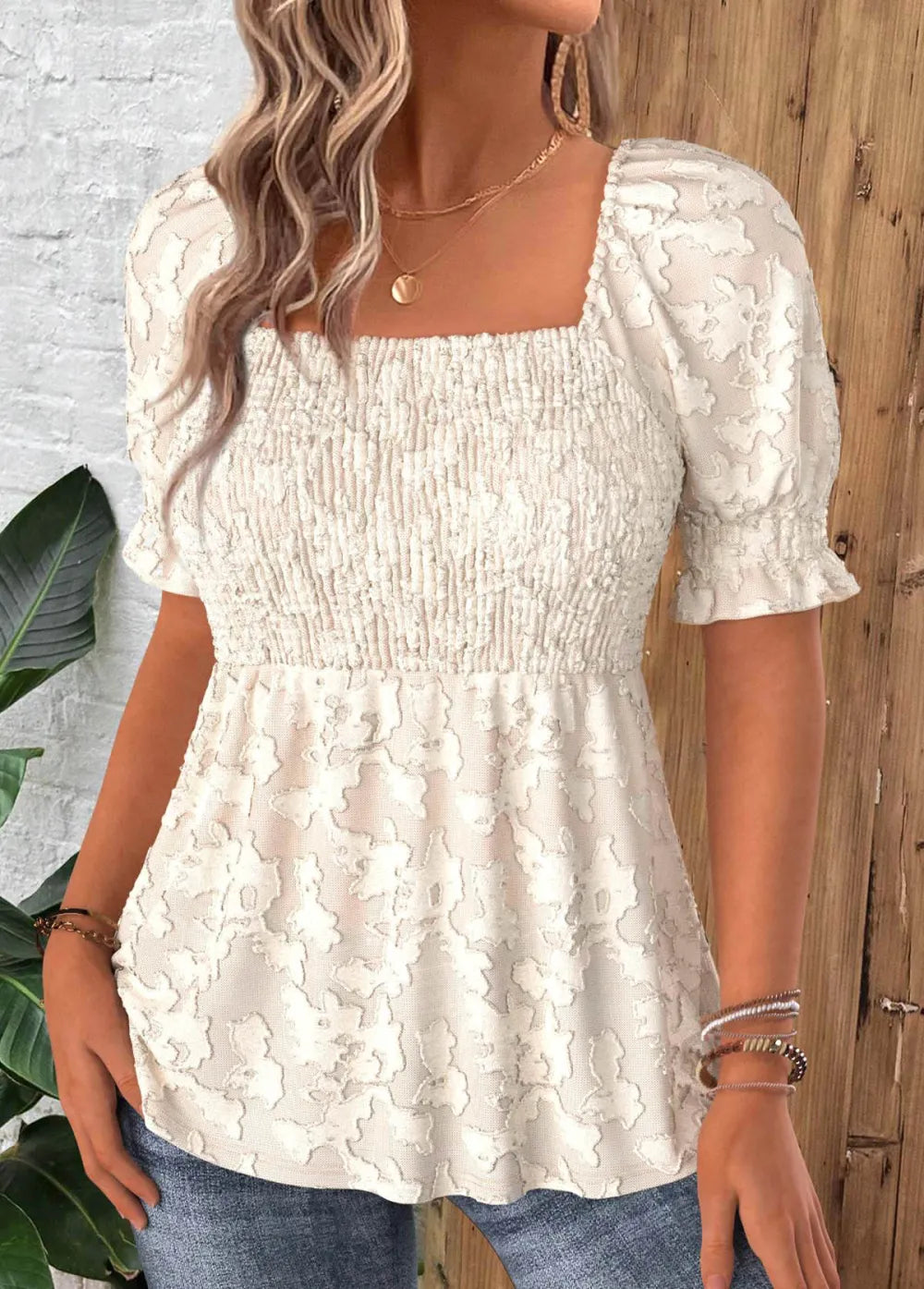 Beige Short Sleeve Square Neck Blouse