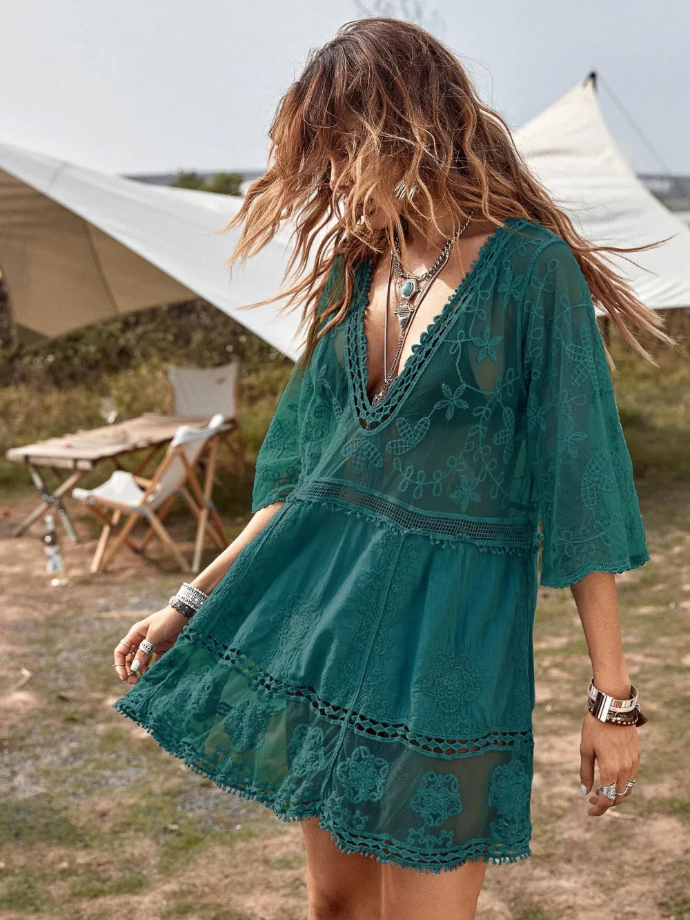 Women's Contrast Lace Bathing Suit Cover Up V-Neck Swimsuit Coverups Loose Swimwear Beach Dress Beachwear