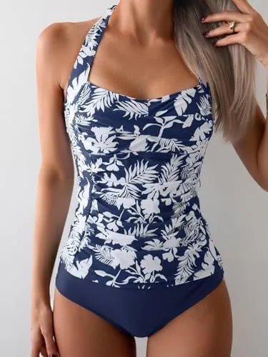 Womens Halter Ruched Tummy Control Two Piece Tankini Set