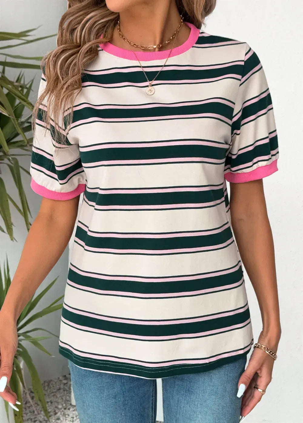 Multi Color Short Sleeve Round Neck T Shirt
