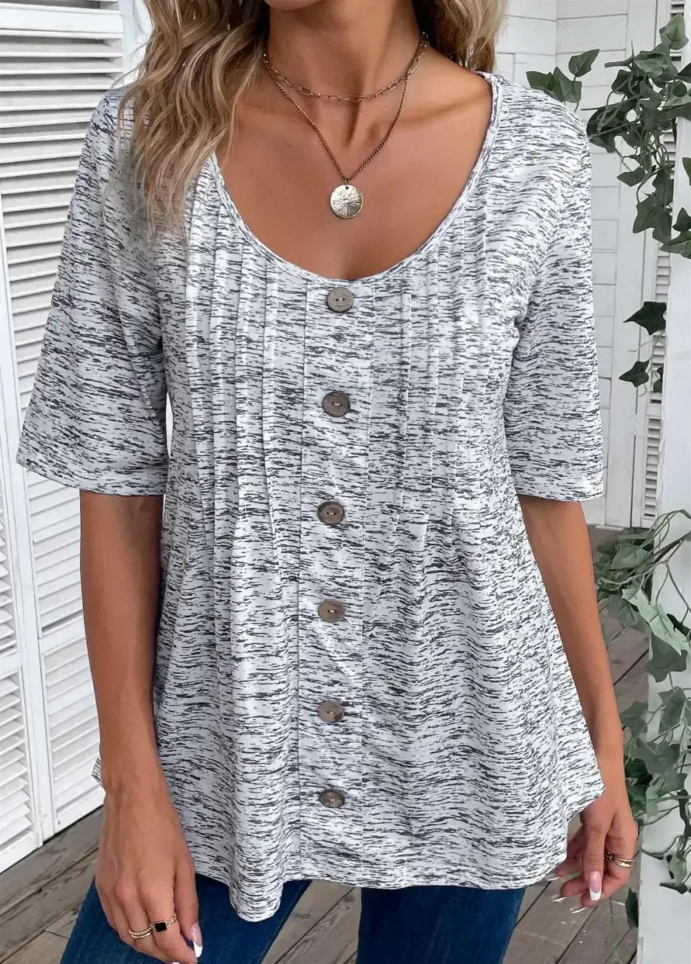 Light Grey Marl Button Half Sleeve T Shirt