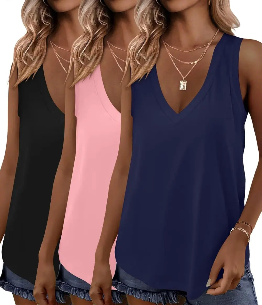 KKJ 3 Pack Womens Tank Tops Summer Beach Vacation Outfits V Neck Loose Sleeveless Blouses Casual Shirt Spring Fashion Clothes