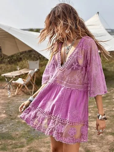 Women's Contrast Lace Bathing Suit Cover Up V-Neck Swimsuit Coverups Loose Swimwear Beach Dress Beachwear
