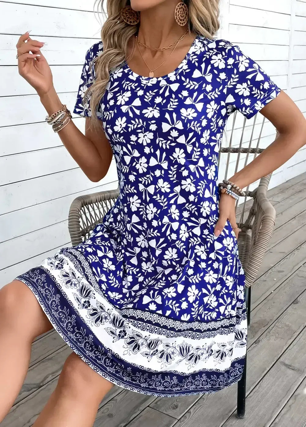 Blue Patchwork Tribal Print A Line Short Sleeve Dress