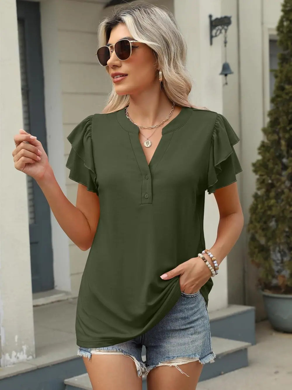 ANRABESS Womens Tops Dressy Casual Ruffle Short Sleeve V Neck Blouses Summer Button Down Business Work Elegant Shirts