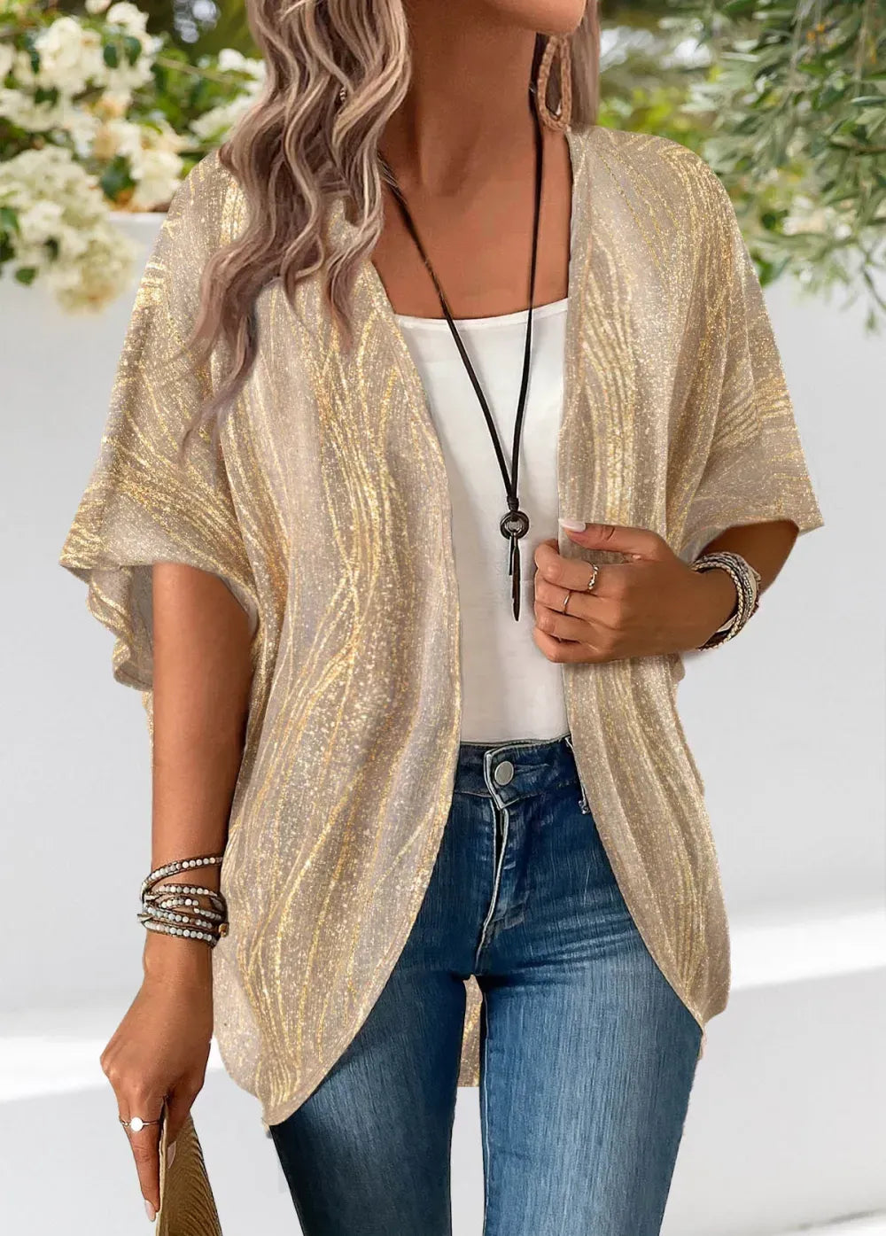 Geometric Print Half Sleeve Light Cardigan