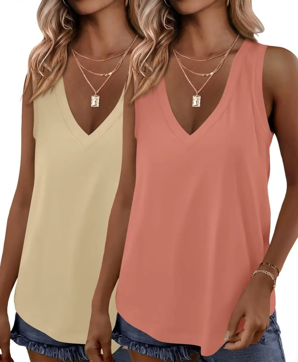 KKJ 2 Pack Womens Tank Tops Summer V Neck Sleeveless Loose Casual Blouses Beach Vacation Outfits Shirt Spring Trendy Clothes