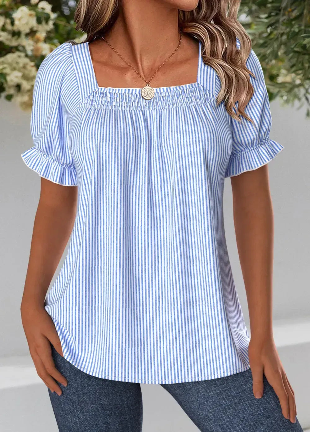 Blue Striped Short Sleeve Square Neck Blouse