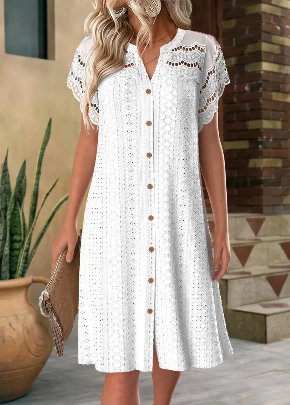 White Short Sleeve Split Neck Dress