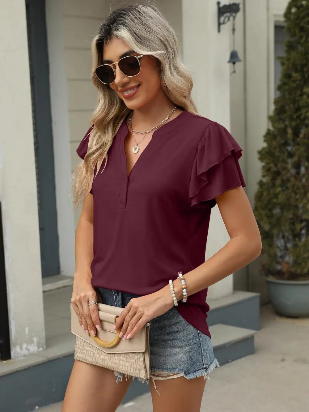ANRABESS Womens Tops Dressy Casual Ruffle Short Sleeve V Neck Blouses Summer Button Down Business Work Elegant Shirts