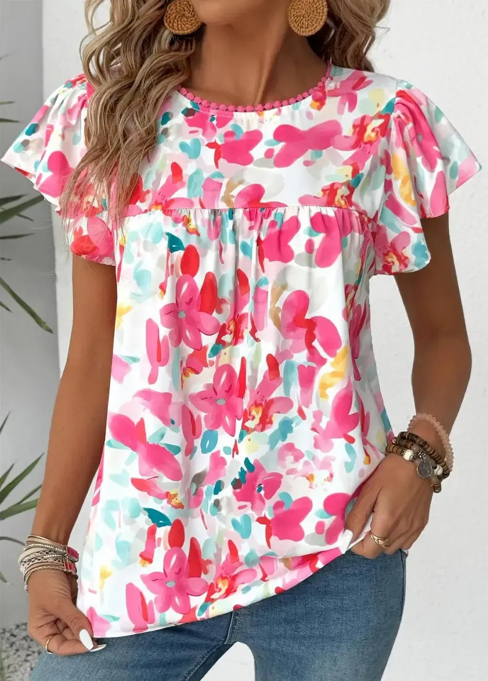 Hot Pink Floral Print Short Sleeve Round Neck Blouse
