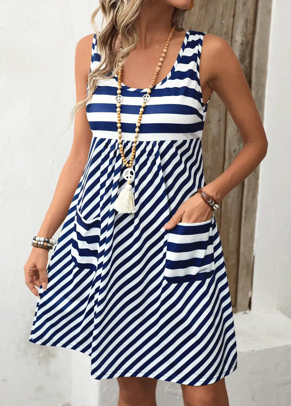Navy Pocket Striped A Line Sleeveless Scoop Neck Dress