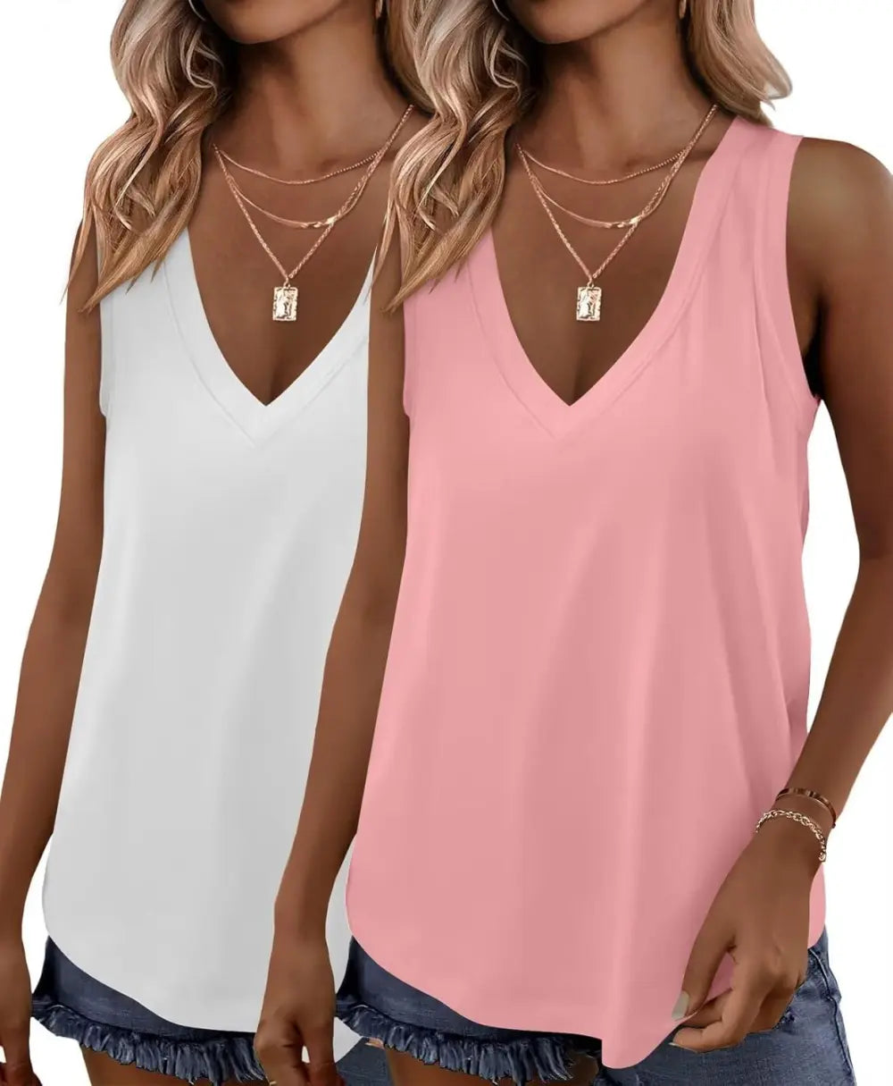KKJ 2 Pack Womens Tank Tops Summer V Neck Sleeveless Loose Casual Blouses Beach Vacation Outfits Shirt Spring Trendy Clothes
