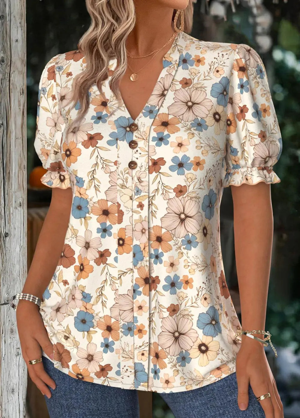 Beige Floral Print Short Sleeve Stand Collar Blouse