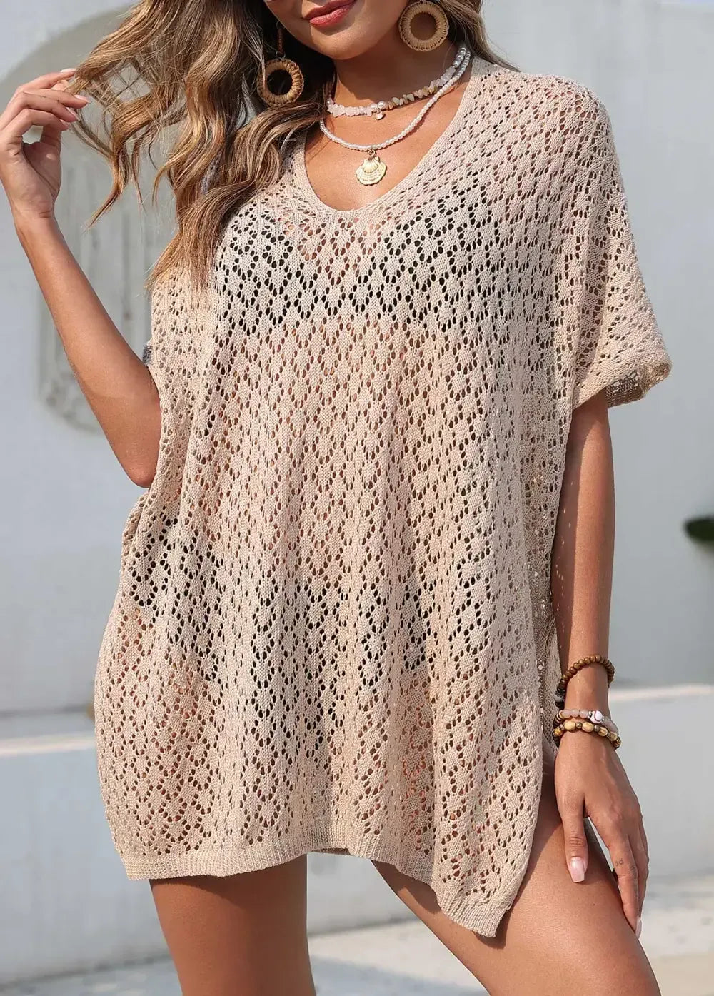 Light Coffee Half Sleeve Split Cover Up