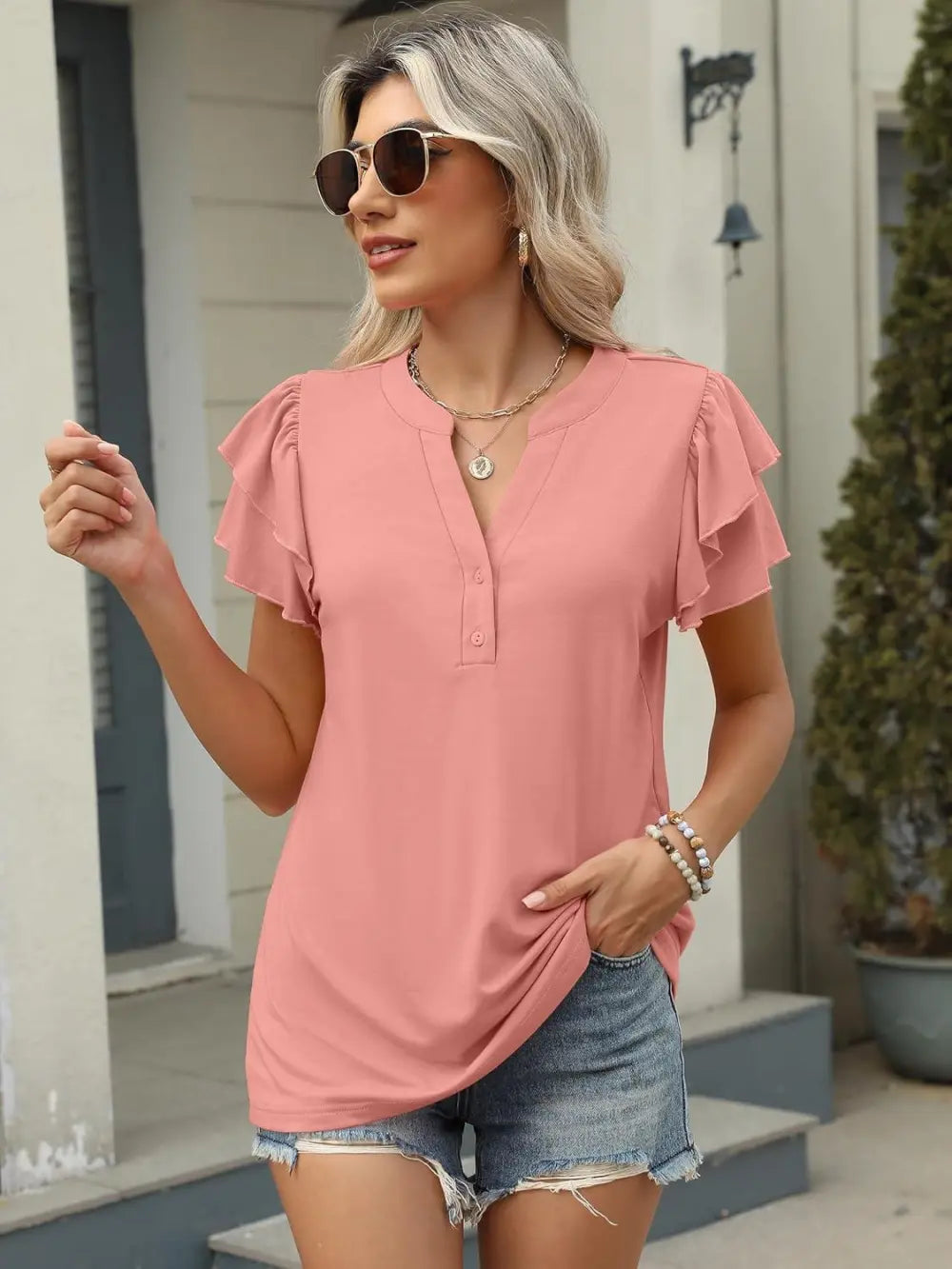 ANRABESS Womens Tops Dressy Casual Ruffle Short Sleeve V Neck Blouses Summer Button Down Business Work Elegant Shirts