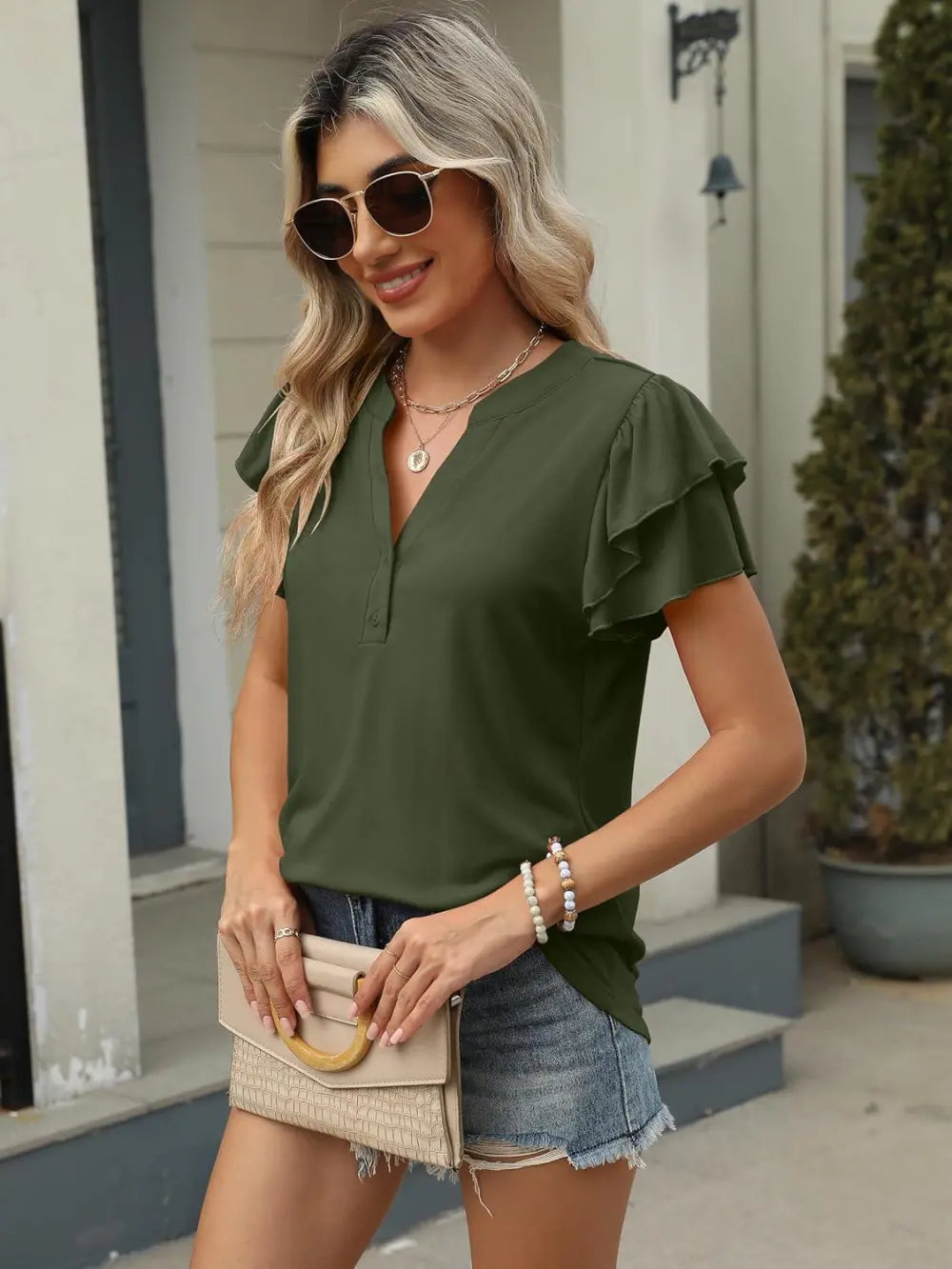 ANRABESS Womens Tops Dressy Casual Ruffle Short Sleeve V Neck Blouses Summer Button Down Business Work Elegant Shirts