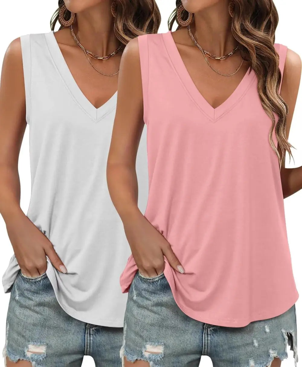 KKJ 2 Pack Womens Tank Tops Summer V Neck Sleeveless Loose Casual Blouses Beach Vacation Outfits Shirt Spring Trendy Clothes