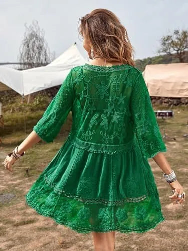 Women's Contrast Lace Bathing Suit Cover Up V-Neck Swimsuit Coverups Loose Swimwear Beach Dress Beachwear