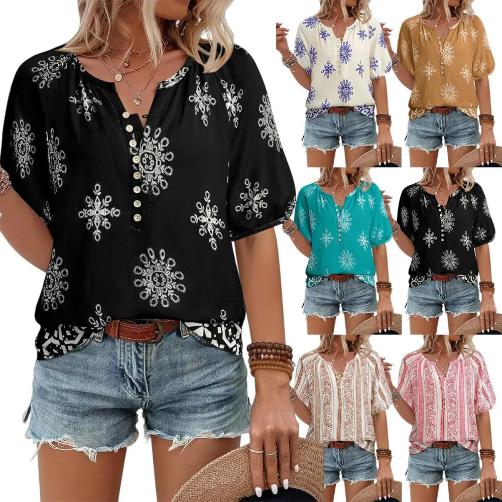Unixseque Womens Summer Tops V Neck Short Sleeve Blouses Casual Button Down Shirts Floral Boho Clothing Trendy 2025